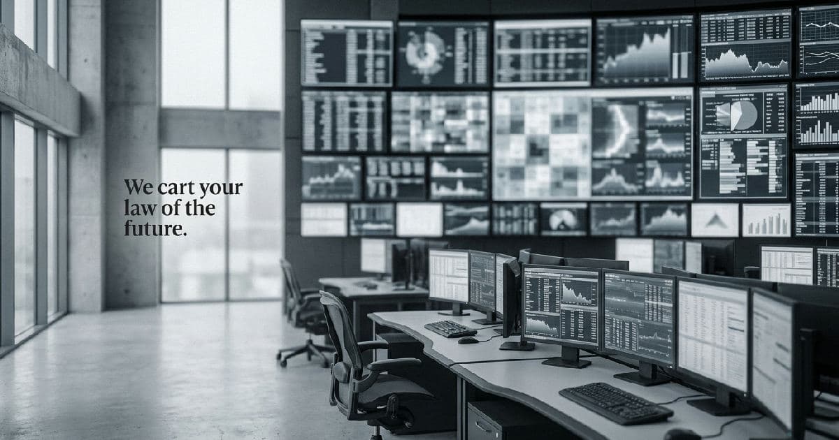 Trading floor with multiple screens showing financial data visualisations in muted tones.