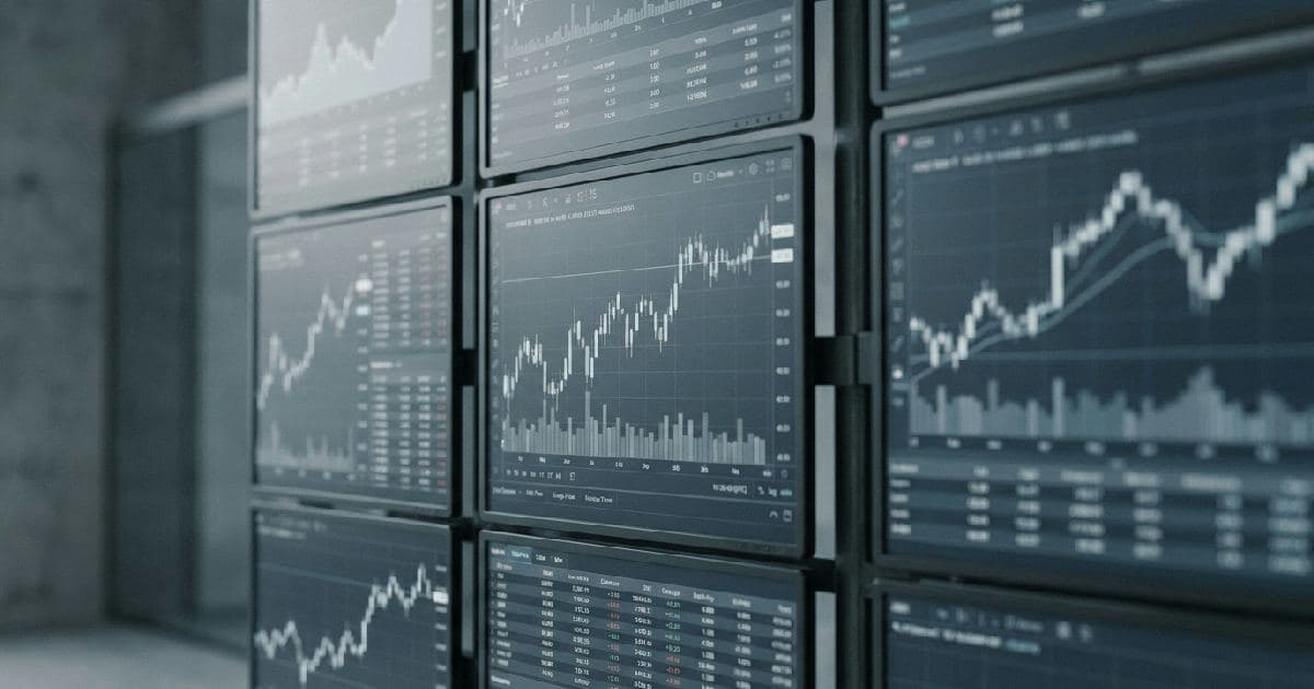 Financial market data screens showing charts and performance metrics in muted tones.