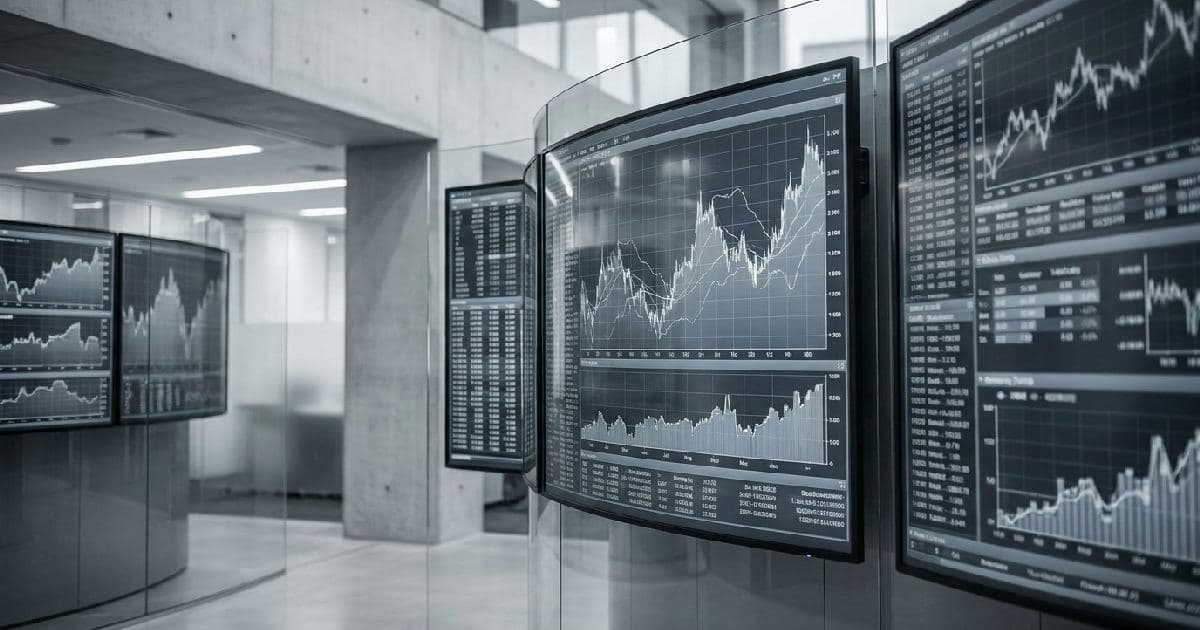 Abstract financial market data visualization with charts and digital displays in desaturated tones.