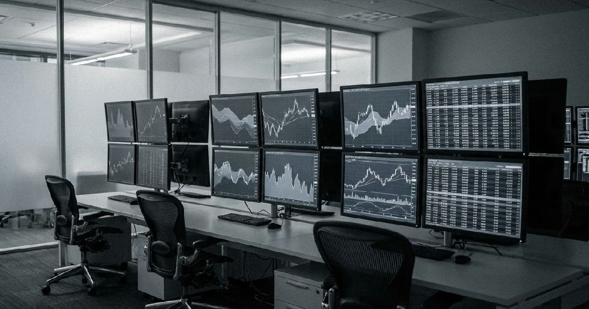 Multiple monitors displaying abstract financial data and market charts in muted tones.