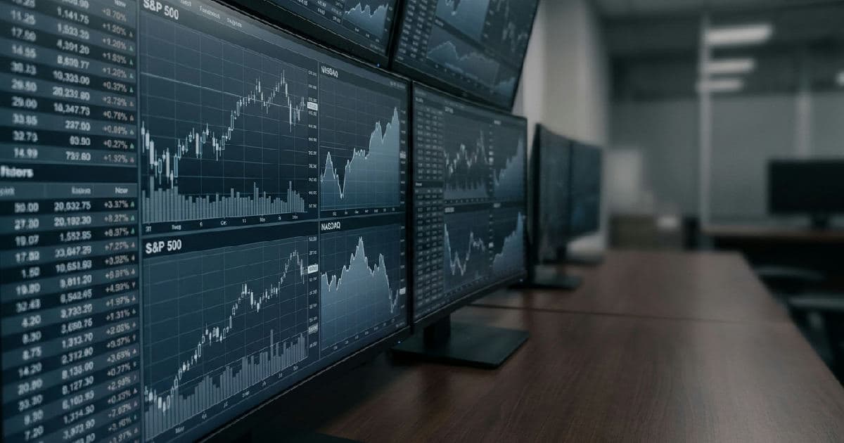 Multiple monitors displaying financial charts and market data in a desaturated colour scheme.