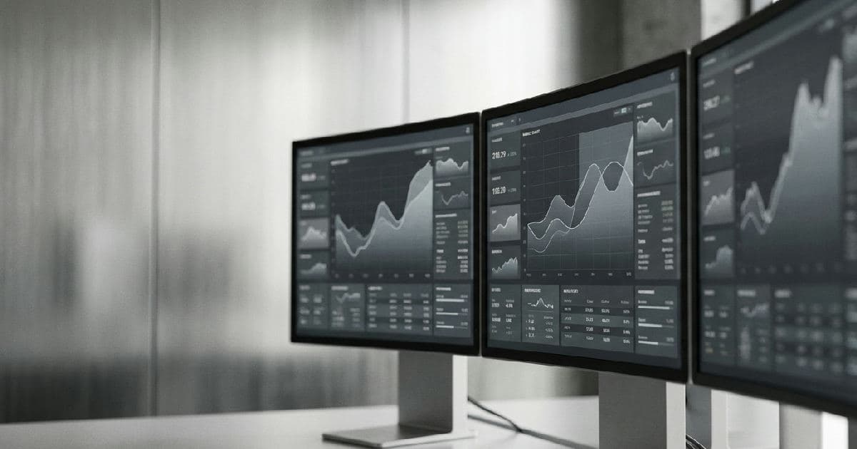 Desaturated financial data screens showing market charts and performance metrics without people or branding.