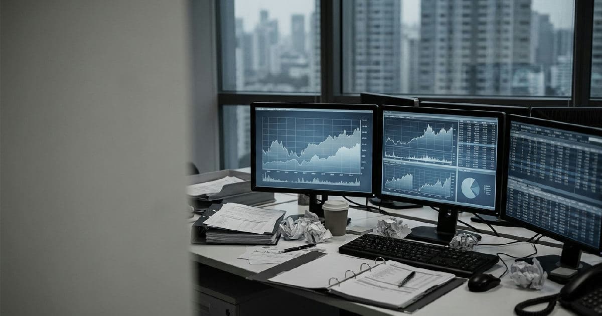 Multiple computer screens showing financial charts and market data in a trading environment.