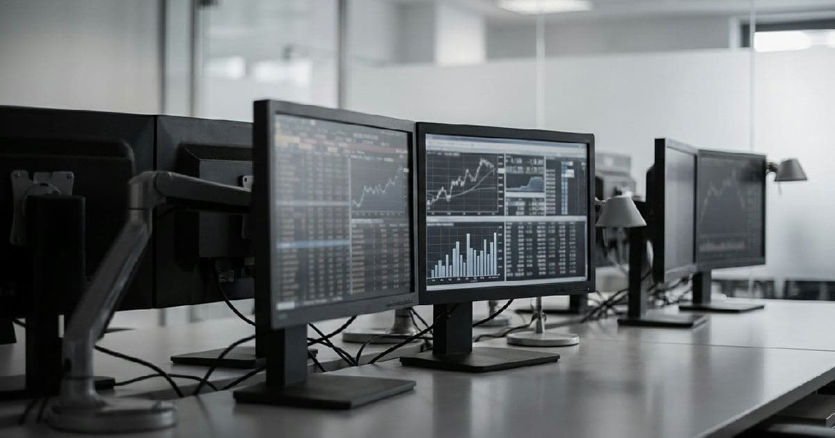 Computer monitors displaying financial market data and charts in a desaturated colour palette.