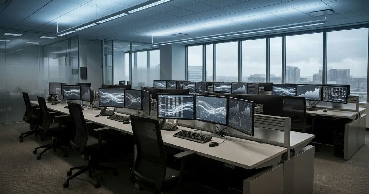 Empty trading floor with multiple monitors displaying abstract market data and charts.