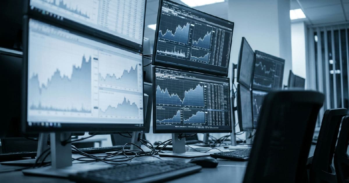 Market data screens showing financial charts and trading information in a desaturated colour palette.