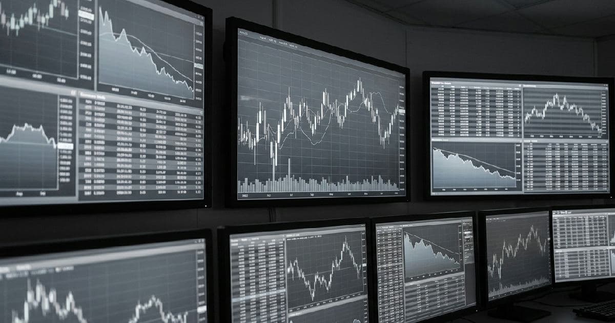 Multiple trading screens displaying abstract market data visualisations and declining trend charts in muted tones.