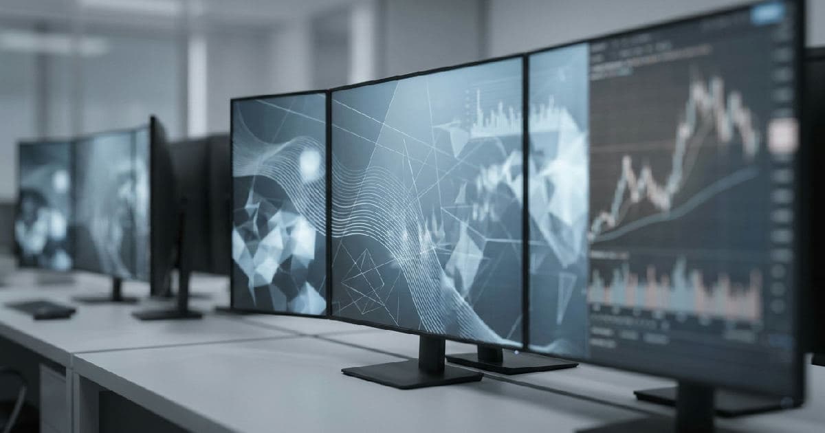 Trading screens displaying abstract financial data visualisations in desaturated blue and grey tones.
