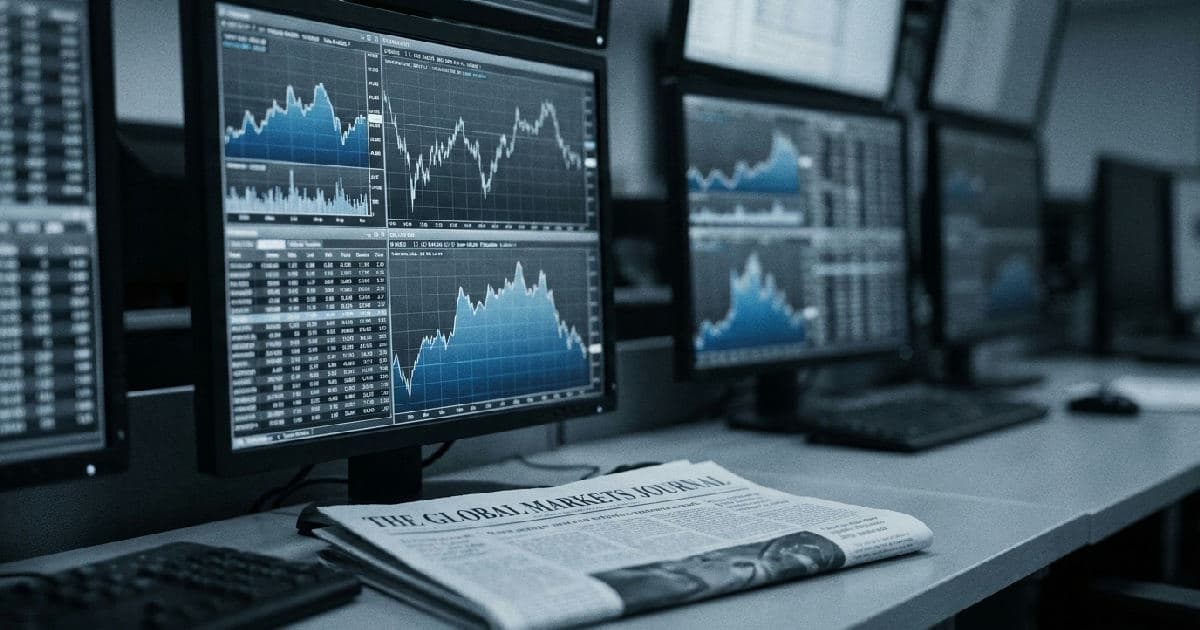 Trading floor screens displaying market data and financial charts in desaturated tones.