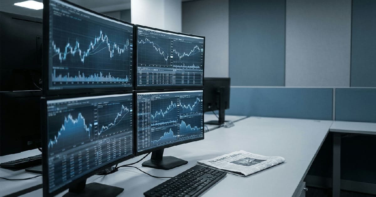Trading floor monitors displaying financial charts and market performance data in muted tones.