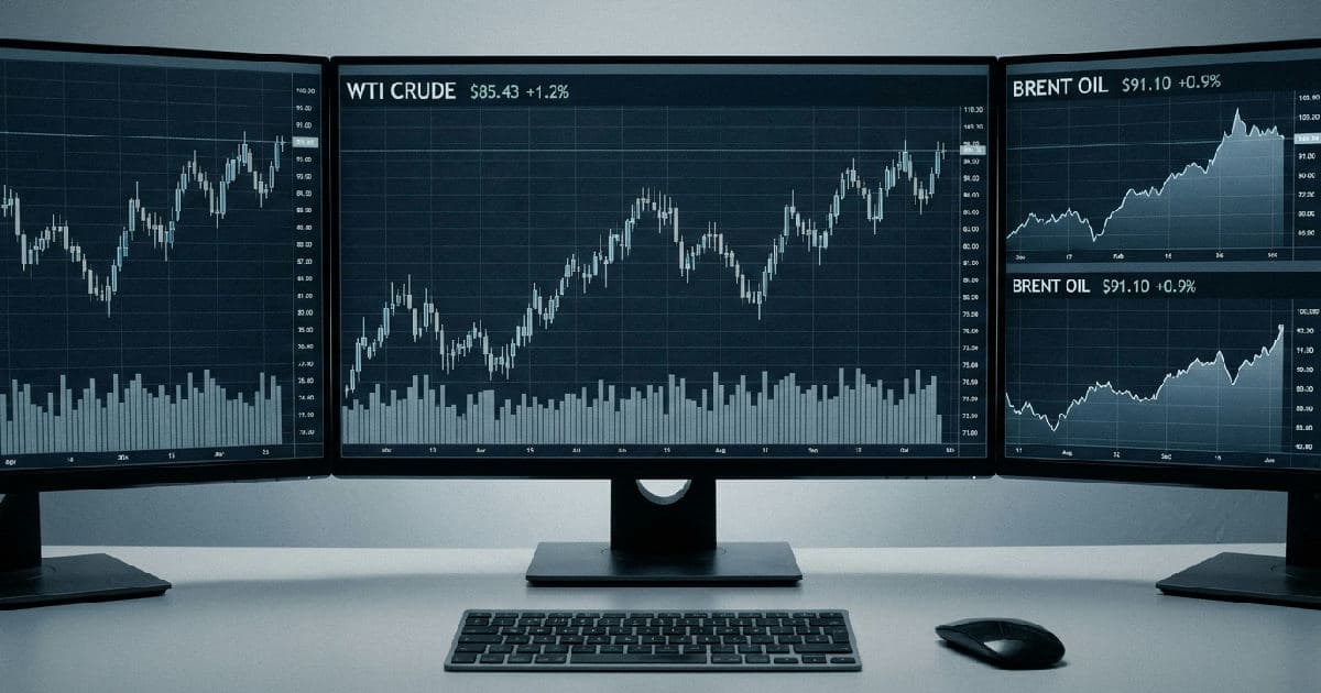 Trading screens displaying crude oil price charts with upward trending data visualisations.