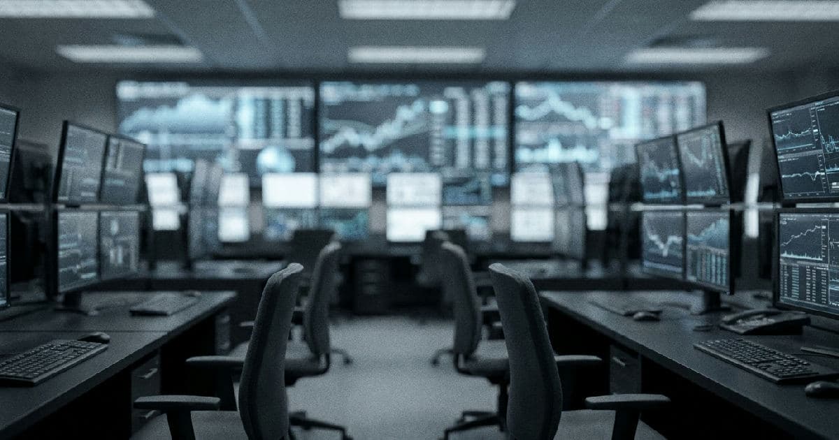 Empty trading floor with multiple monitors displaying financial data visualisations in muted tones.