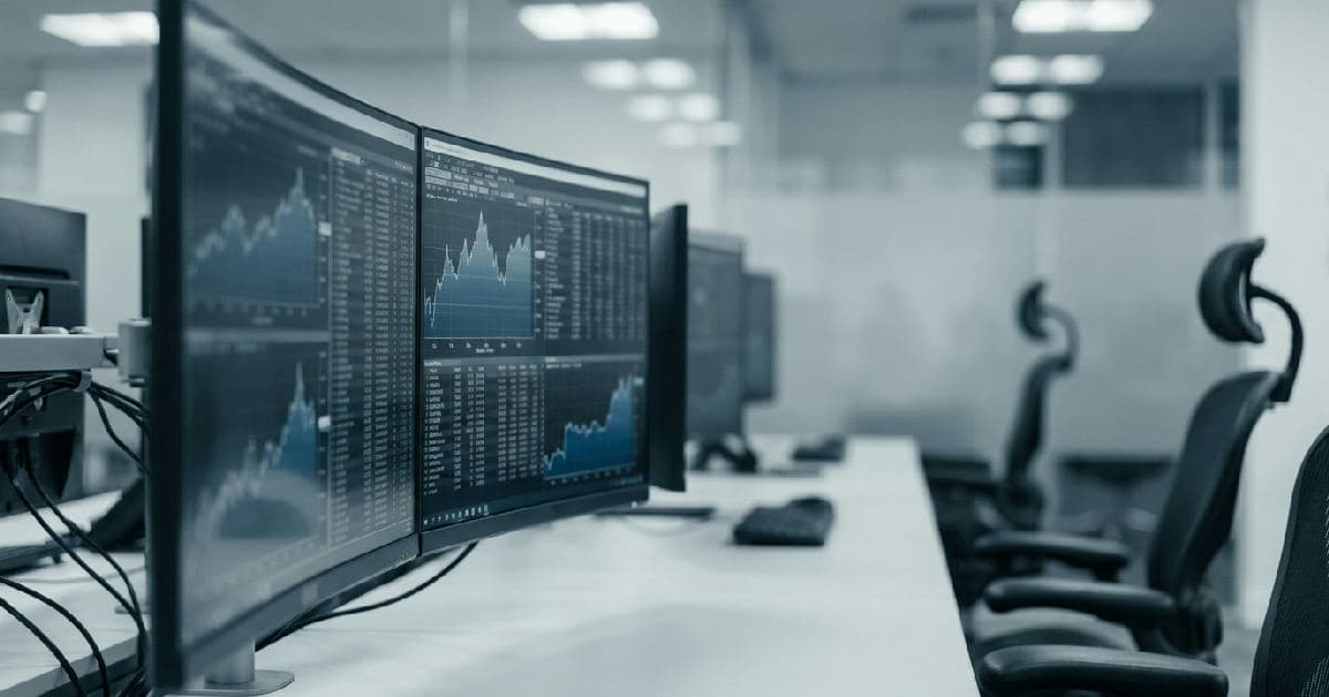 Financial data visualisation on monitors displaying market charts in desaturated tones.