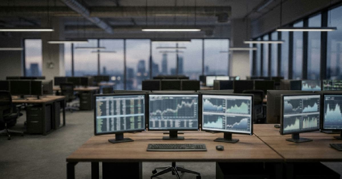 Empty trading floor with multiple monitors showing market data visualisation in desaturated tones.