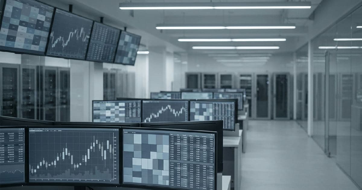 Abstract financial data visualizations displayed on multiple screens in a trading environment.