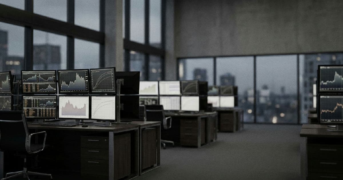 Trading floor monitors displaying financial market data and yield curve visualisations in muted tones.
