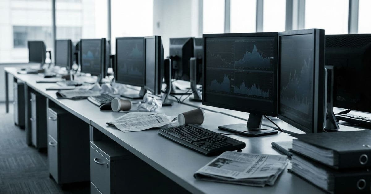 Empty trading floor with data displays and scattered documents in desaturated tones.