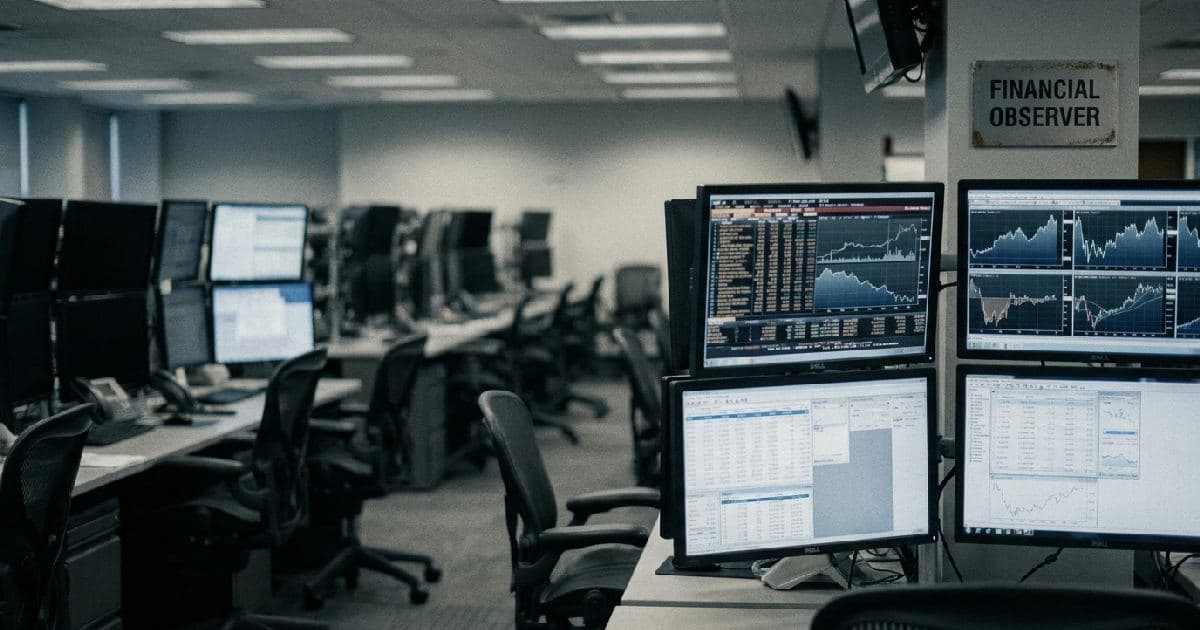 Trading floor monitors displaying financial charts and market data in muted tones.