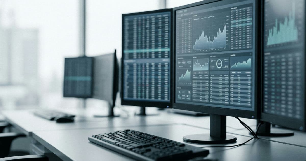 Trading desk with multiple monitors showing market data visualisations in desaturated tones.