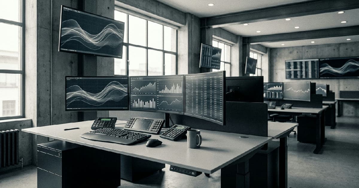 Empty trading desk with multiple monitors displaying abstract market data visualisations in muted tones.