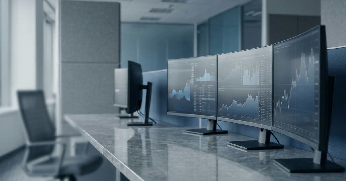 Trading desk with multiple monitors showing financial data charts and market visualisations in muted tones.