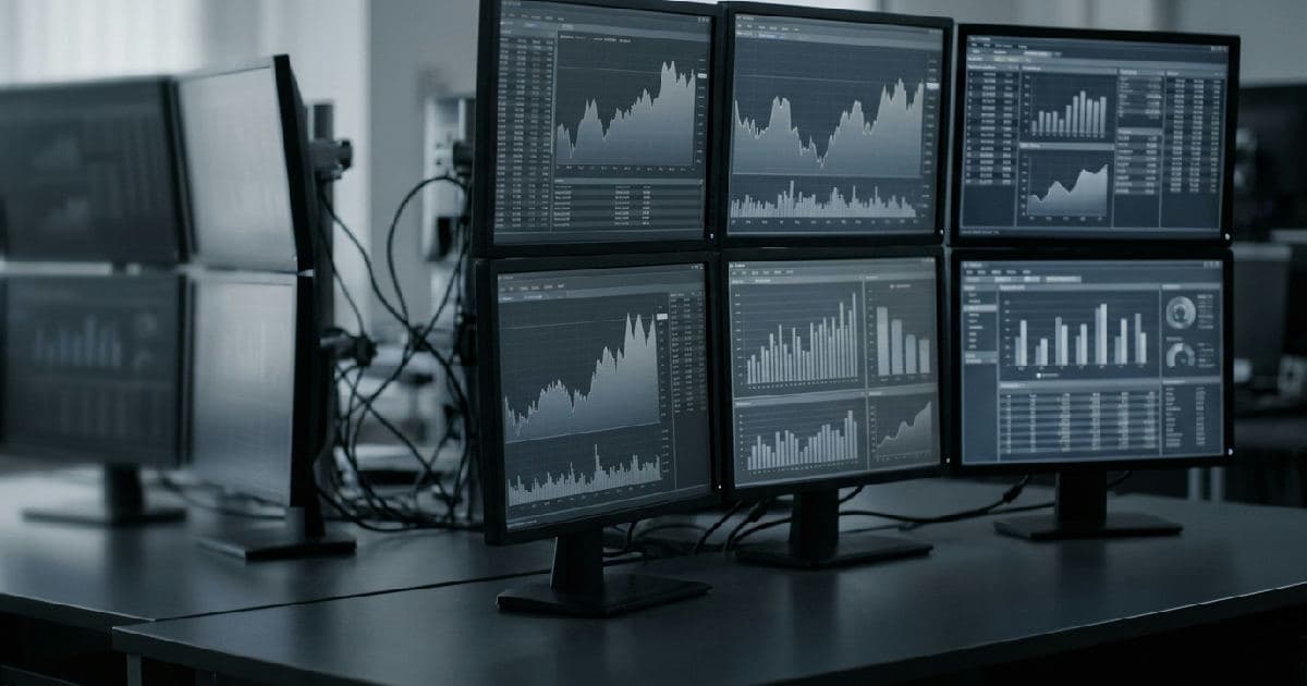 Multiple computer monitors displaying financial charts and market data in muted colours.