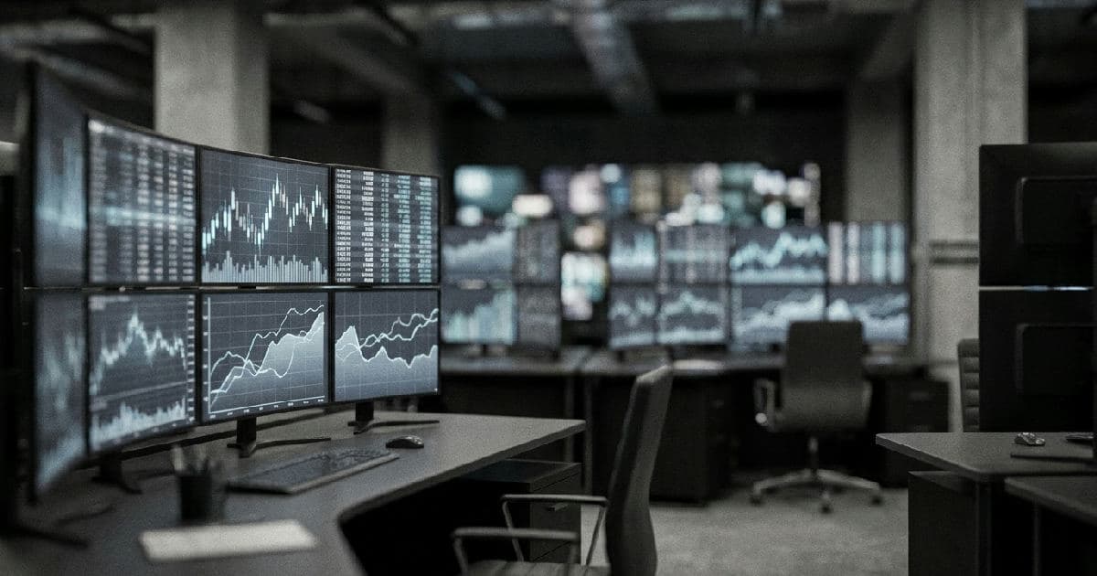 Trading floor monitors displaying financial market data and charts in muted tones.
