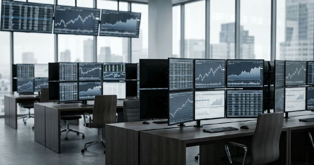 Trading floor screens showing market data and financial charts in muted tones.