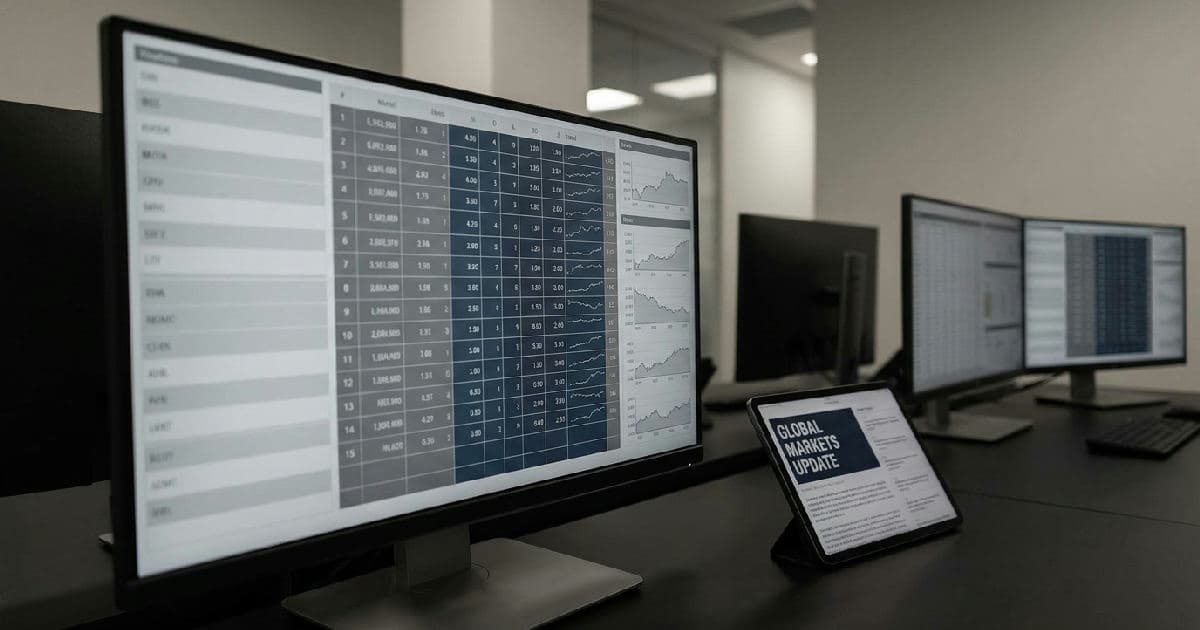 Trading screens showing market data visualisations with price charts and financial metrics in desaturated tones.
