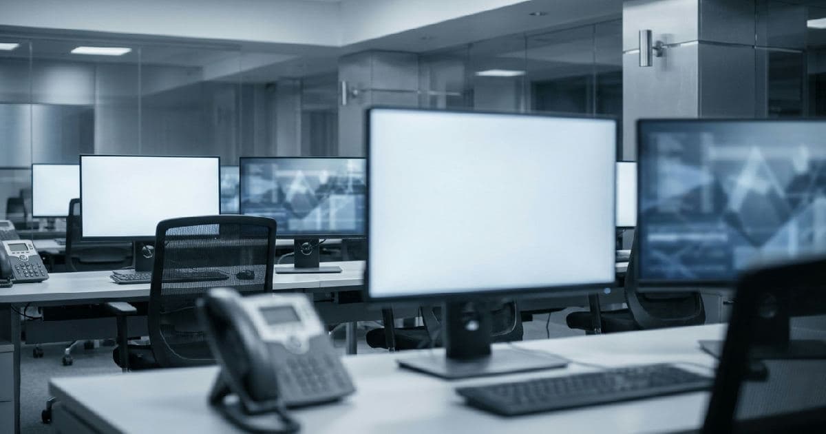 Trading floor with blank monitors and abstract data visualisation patterns in desaturated tones.