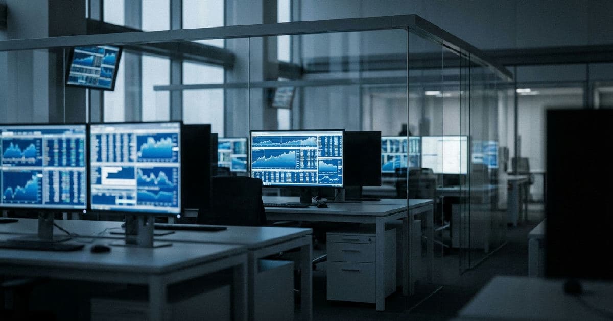 Trading floor with illuminated screens showing market data visualisations in desaturated tones.