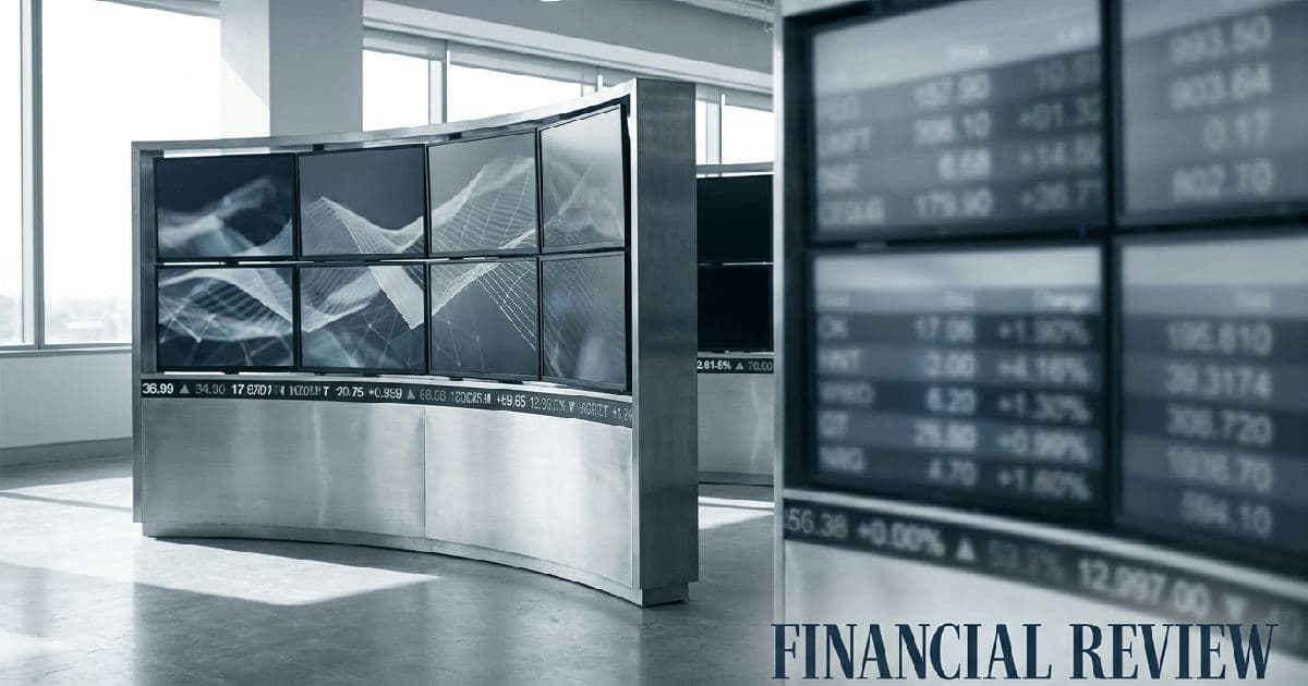 Trading floor screens displaying market data visualizations in desaturated blue and grey tones.