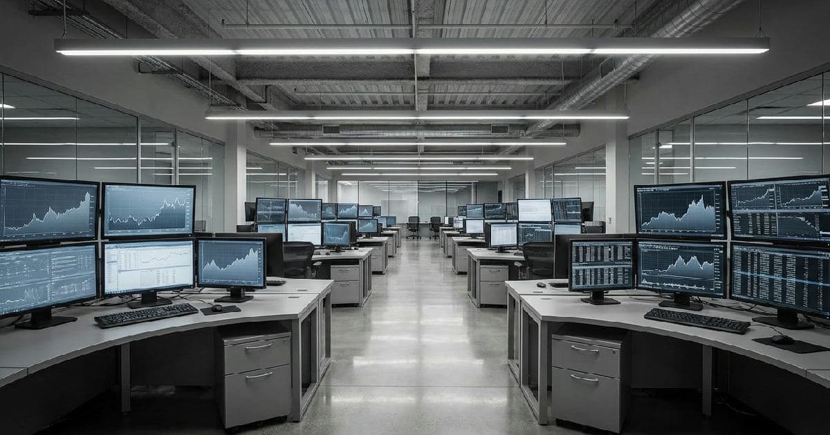 Trading floor with multiple screens displaying abstract financial data visualisations in muted tones.