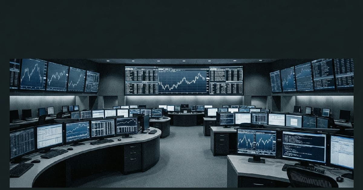 Trading floor screens displaying market data visualizations in desaturated blue and grey tones.