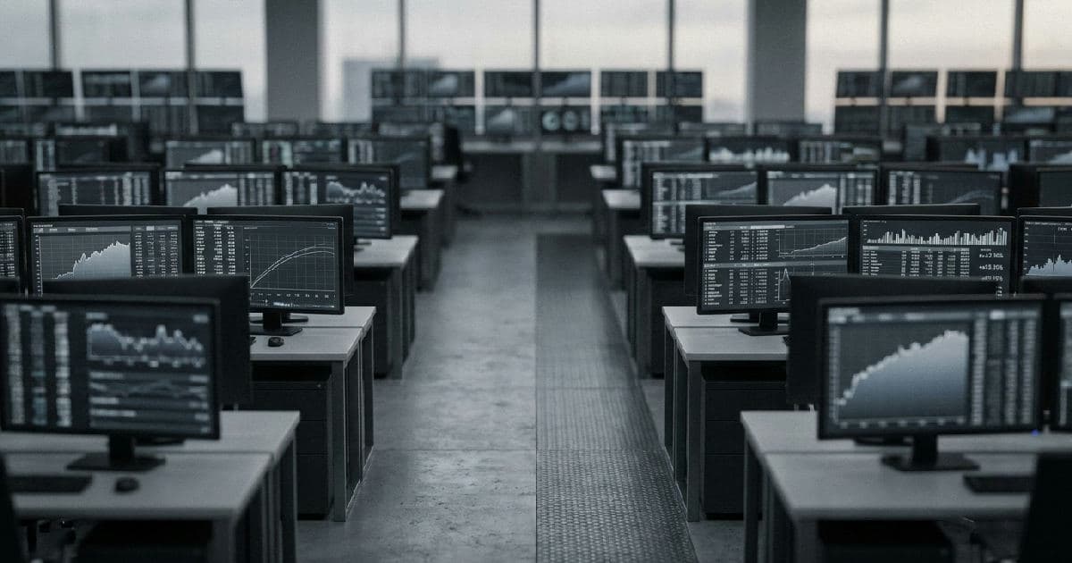 Trading floor screens displaying financial market data and yield curves in desaturated tones.