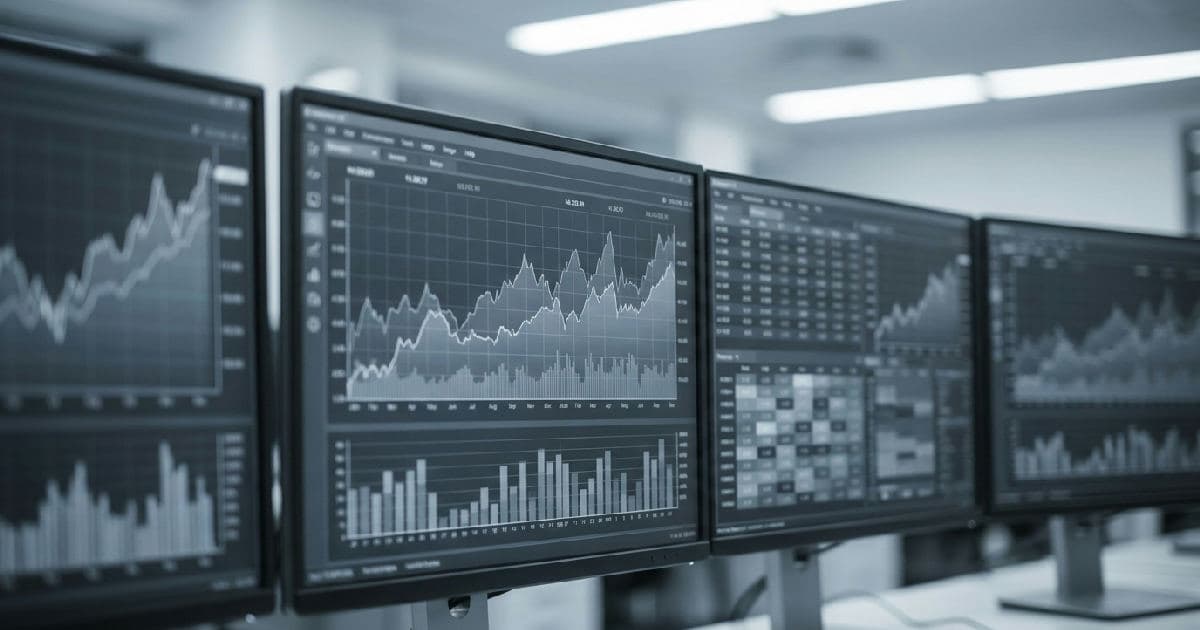 Multiple computer monitors displaying abstract financial data charts and market visualizations in muted tones.