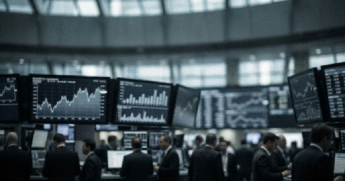 Desaturated trading floor with blank monitors showing abstract market data visualisations and charts.