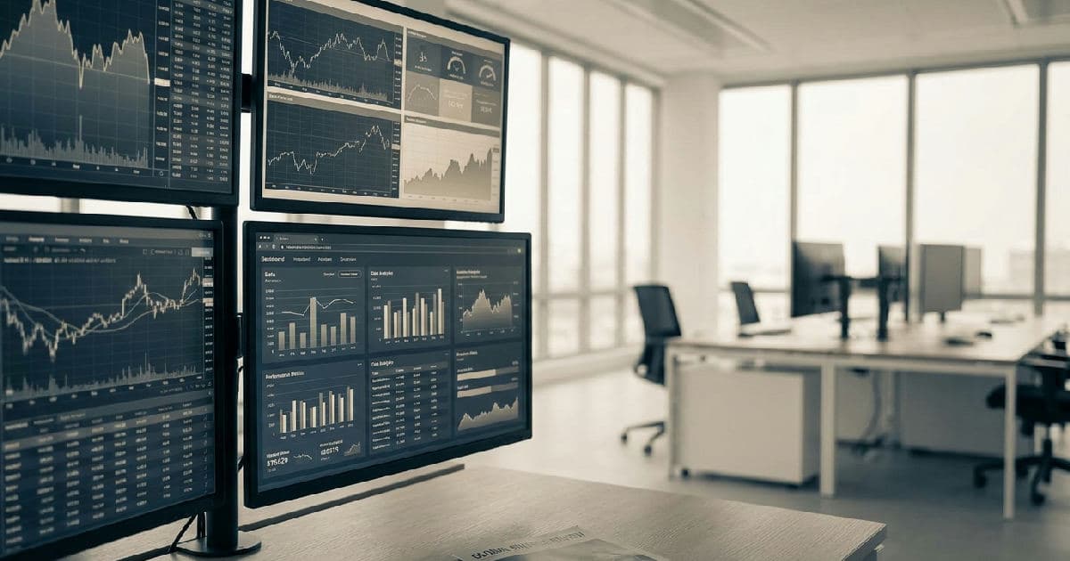 Financial market data visualisation on multiple screens showing charts and analytics metrics.