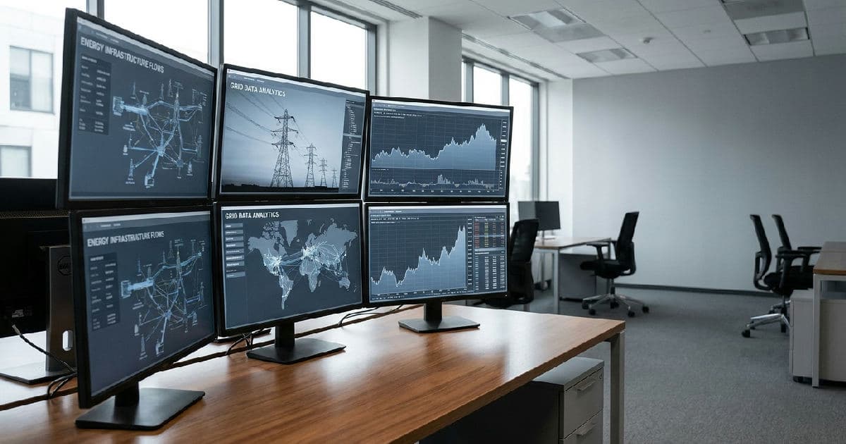 Computer monitors displaying energy grid network data and transmission infrastructure visualisation in desaturated tones.