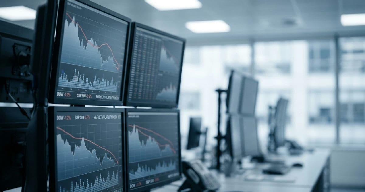 Multiple screens showing declining market charts and financial data visualizations in muted tones.