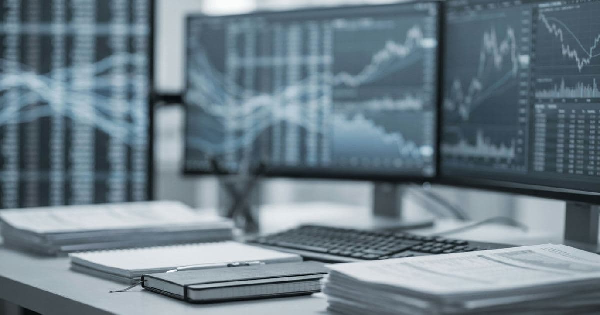 Blurred trading desk with multiple monitors showing financial data and market charts in muted tones.