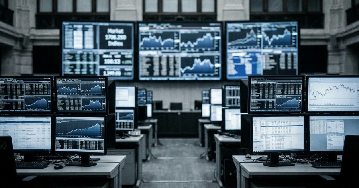 Multiple computer screens showing financial market data and charts in muted colors.