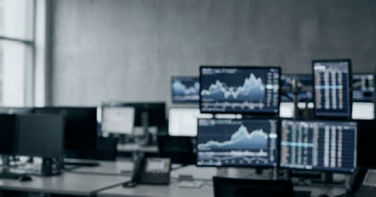 Trading floor monitors displaying market data visualisations in muted tones, no people visible