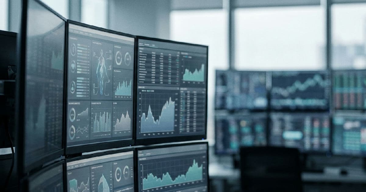 Multiple monitors displaying healthcare data visualizations and financial charts in muted tones.