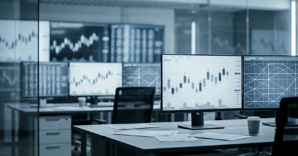 Trading floor with blank monitors showing abstract market data visualisations in desaturated tones.