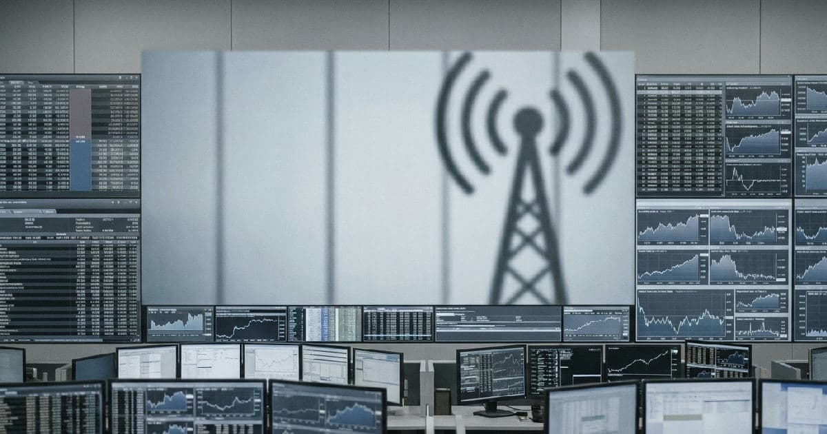 Financial market data screens with broadcast transmission imagery, desaturated editorial style.