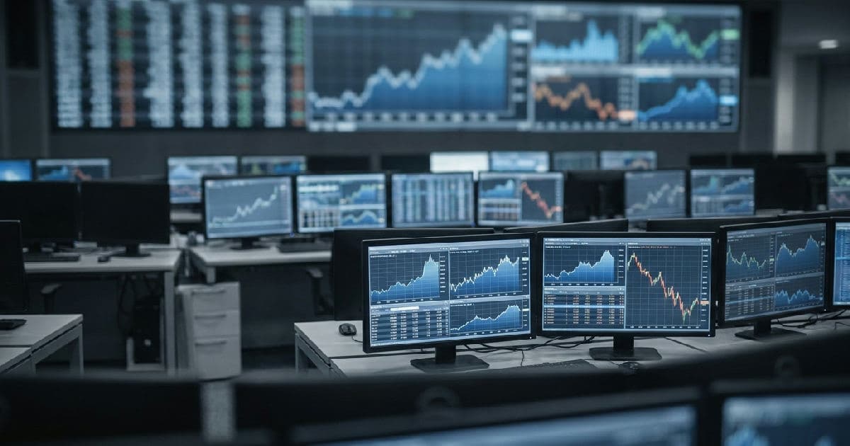 Trading floor screens displaying market data and financial charts in desaturated tones.