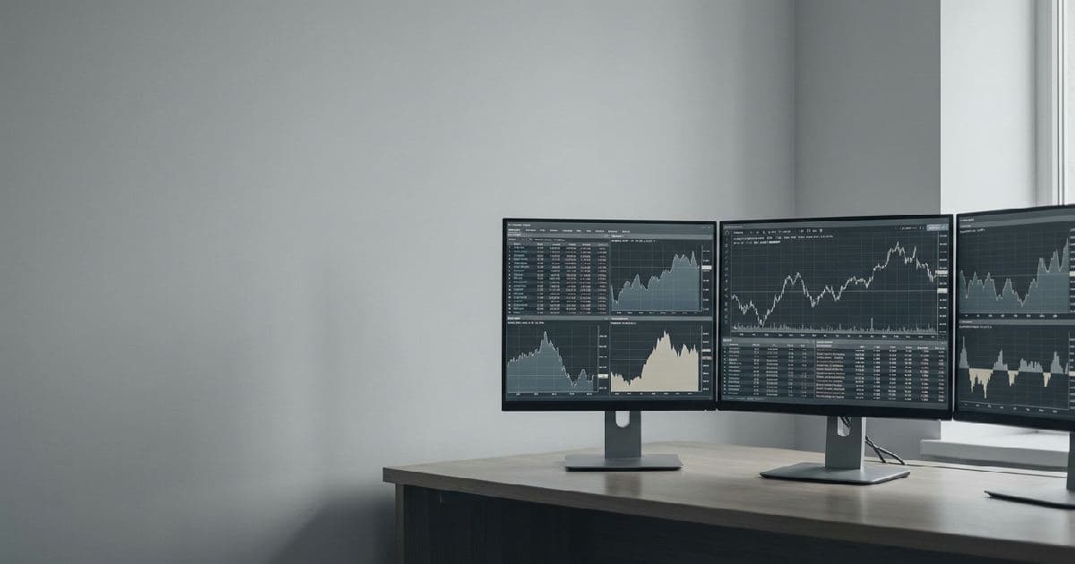 Multiple monitors displaying financial data dashboards and market analytics in desaturated tones.
