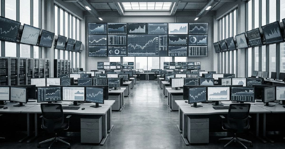 Trading floor screens displaying financial data visualisations in muted tones.