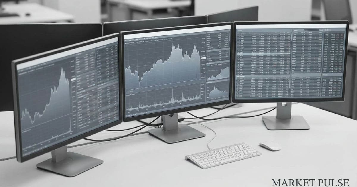 Multiple monitors displaying financial market data and charts on a trading desk.